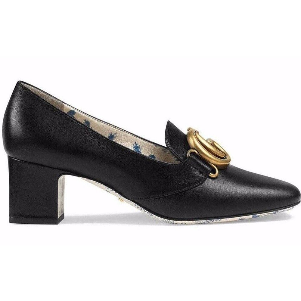 Gucci Victoire 55 Black Leather Double Logo Block Mid Heel Mule Loafer Pump 37